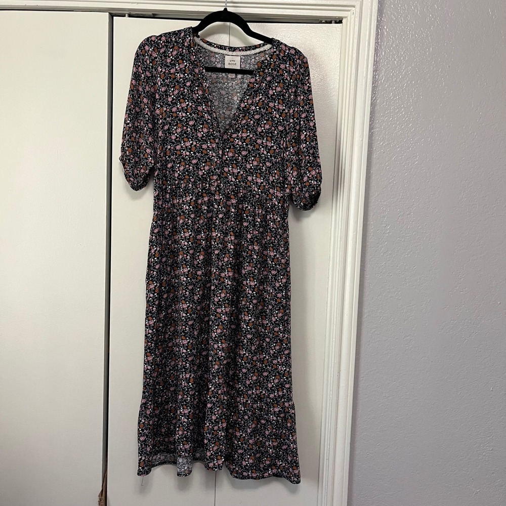 Knox Rose Women's‎ Black Floral Print V Neck Short Sleeve Midi Dress Size M